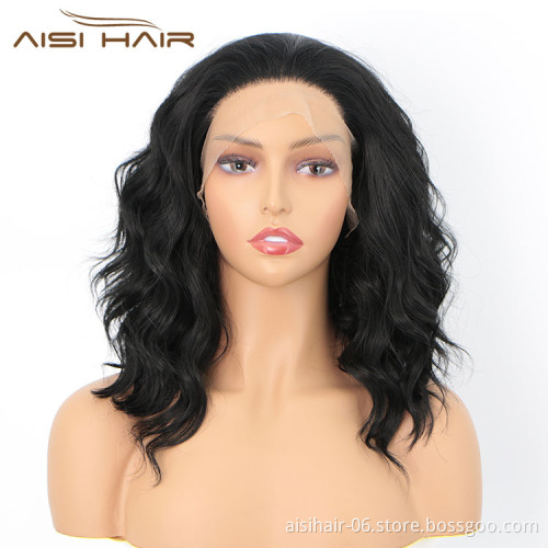 Aisi Hair New Design 16 Inch Body Wavy Natural Black Wig Long Wavy Swiss Lace Wig Synthetic Lace Front Hair Wigs For Black Women